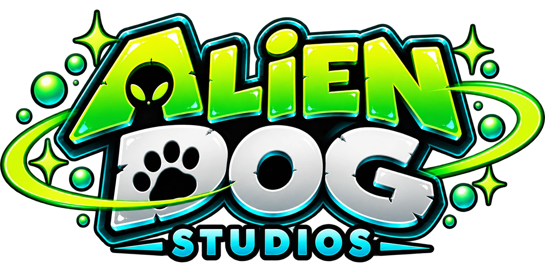 Alien Dog Studios neon green and cyan logo