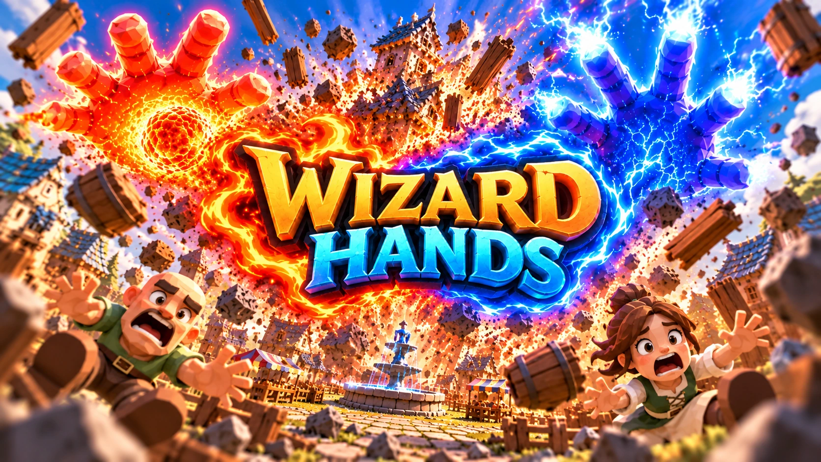 Wizard Hands concept art: fire and lightning hands above a village in chaos